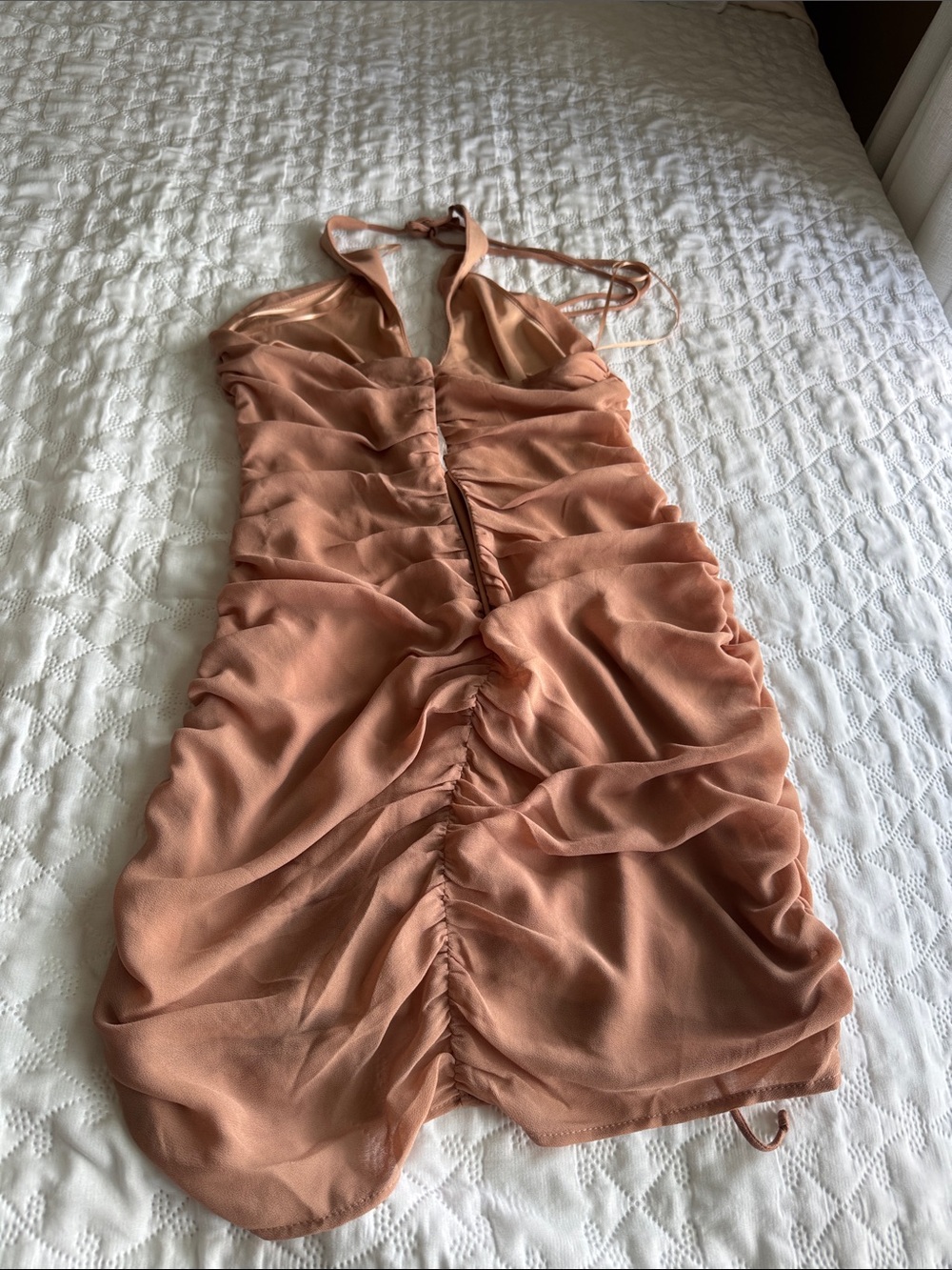 Cotton Candy Peach Ruched Drawstring Halter Mini - Picture 4 of 5